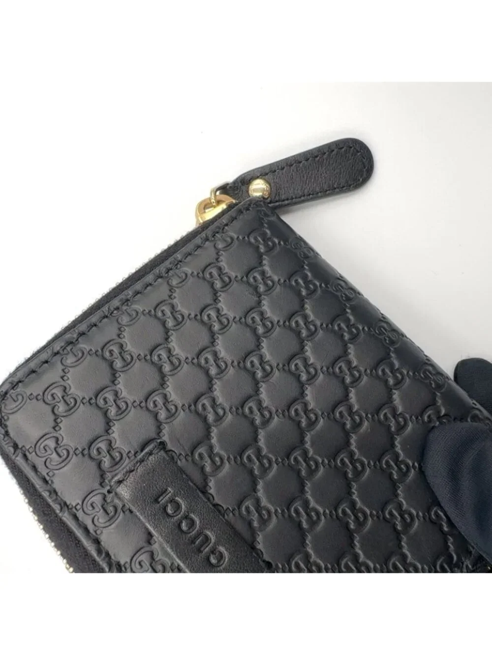 Gucci Micro GG Guccissima Bifold Leather Black Wallet Gold - Picture 14 of 15